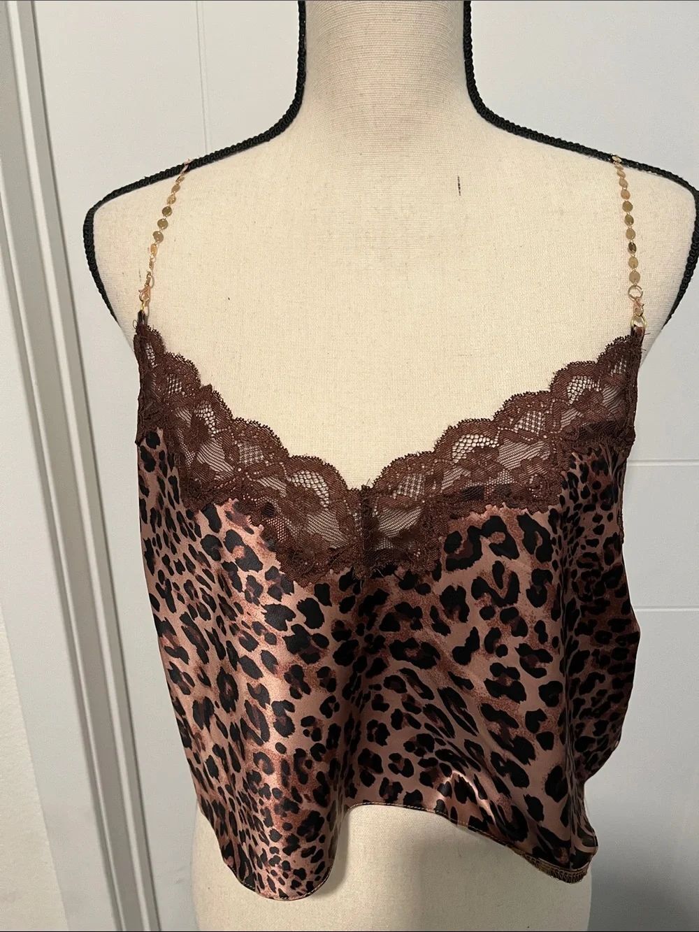 Dreamgirl Leopard Satin Lace Cami Cropped Chain Straps Top Feminine Vamp NWT